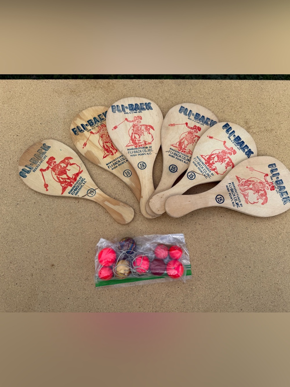Lot of 6 Vintage 1950s Fli Back Wooden Paddle Ball Toys High Point NC